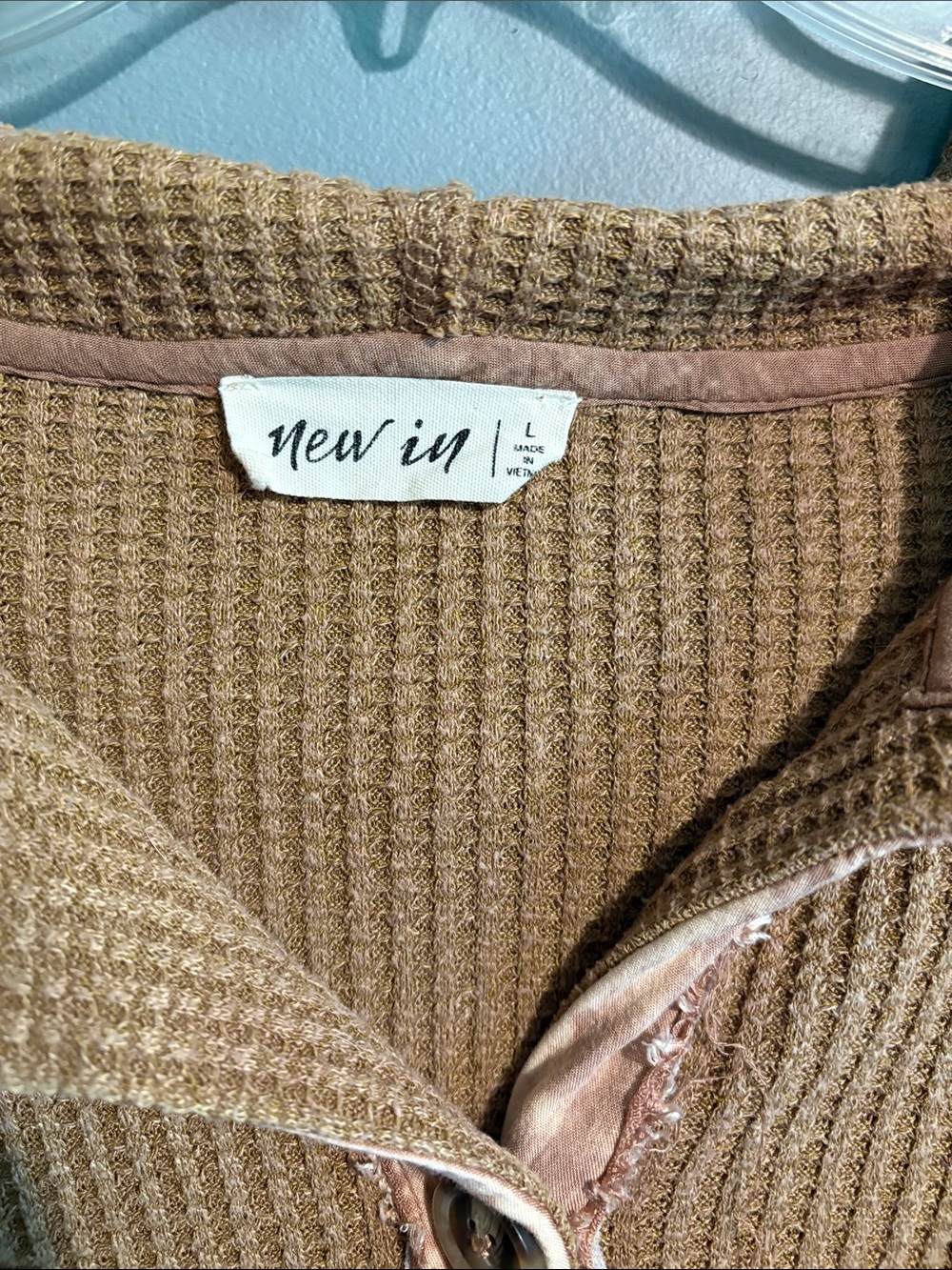 Waffle Knit Hooded Button-Up Top in Camel with Velvet Trim - Picture 2 of 3